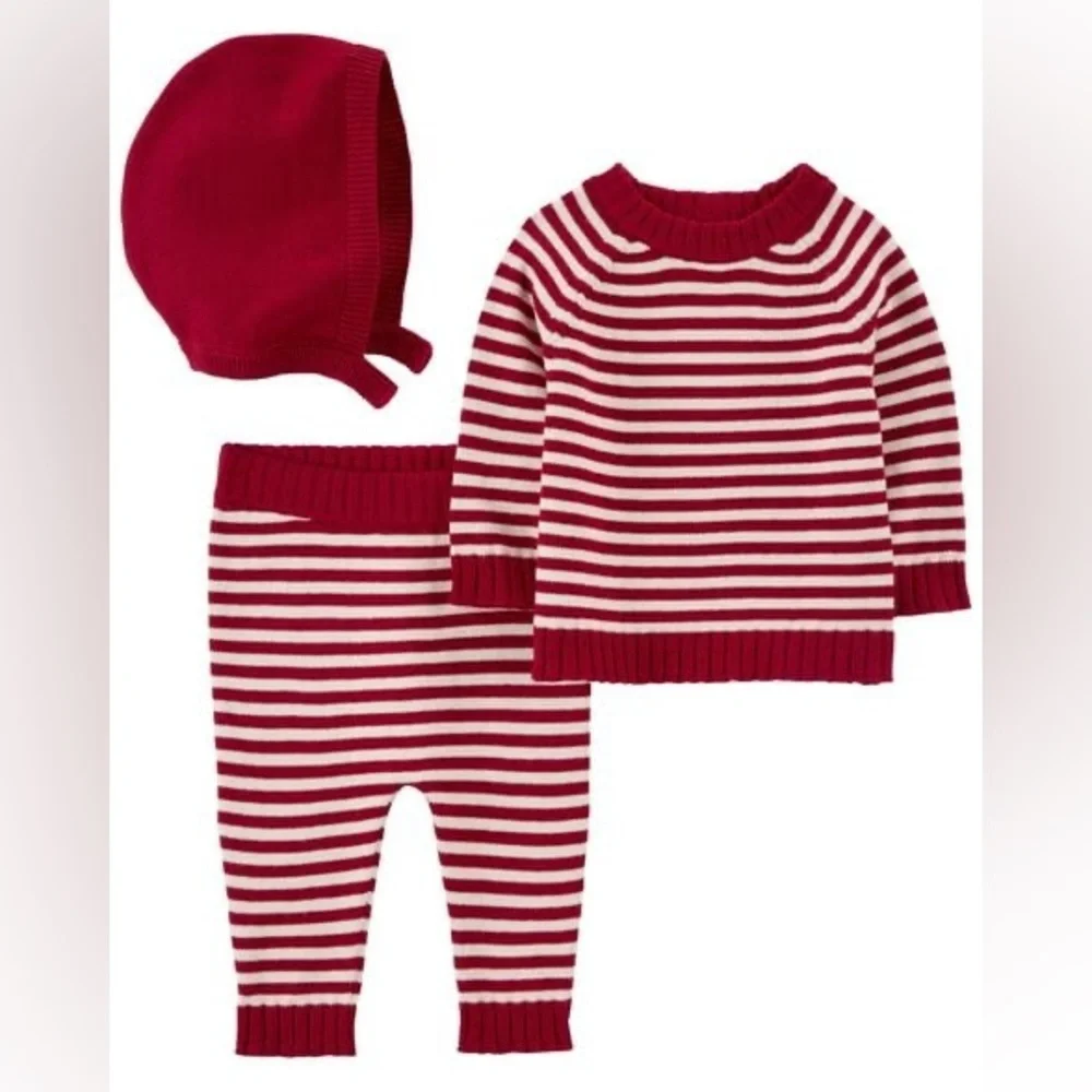 NEW‎ Carters Baby Red Ivory Striped 3 Piece Sweater Pants Bonnet Set 3M